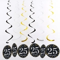 Spirali metalliche oro, argento e nere per il 25° compleanno con decori appesi - Età 25 Spirali Singole Nero Oro Argento