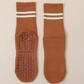 Brown mid-calf cotton yoga socks with white stripes and hexagonal non-slip grip soles - One Size / Caramel color