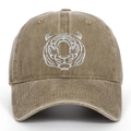 Close-up of white tiger head embroidery on khaki washed cotton baseball cap - Khaki