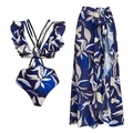 Blue floral bikini set with ruffle sleeves and matching sarong tie skirt on white base - S / Monokini + Wrap Skirt Set