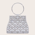 Silver evening clutch bag with sparkling diamond-patterned PU and round metal handle - Silver