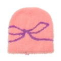 Detail of pink plush beanie showing soft faux mink texture and purple bow pattern - M (56-58cm) / Watermelon red