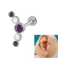 16G stainless steel curved lip stud with purple and clear zircon stones in a silver finish - Curved 2 White+3 Lotus Purple