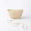 Close-up of beige straw woven crossbody bag with matching shoulder strap and zipper closure - Beige Large Bag (20*15cm)