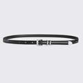 Cinturón fino de cuero negro para mujer con hebilla de herradura plateada y punta de metal - Negro