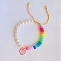Bohemian beaded bracelet with white pearls, rainbow clay discs and a pink heart charm - 3Pcs Rainbow Heart Pearl Set