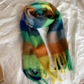 Thick winter scarf featuring colorful plaid mohair wool and tassel fringe details - Green