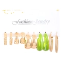 Elegant 5-pair gold earring set with green resin drops and twisted metal textures - 5 Pairs Set - Ripple Green (0263)