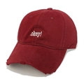 Detail of burgundy cotton baseball cap with white okey embroidery and distressed brim - Burgundy
