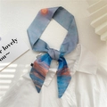 Blue gradient oil painting style silk scarf tied on a white shirt collar as a hair band - 6x105cm / Beach Sunset