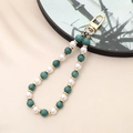 Close-up of green beads and white pearls phone strap with elegant gold spacers - Faux Burma Natural Stone Beaded Charm (K3502)