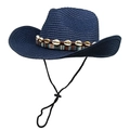 Detail of navy straw fedora hat featuring sea shell band and adjustable chin strap - M (56-58cm) / Navy Blue