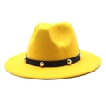 Detail of a bright yellow wool fedora hat with a black band and gold stud embellishments - Size M (56-58cm) / Yellow