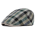 Men's retro green plaid flat cap in breathable cotton linen with grey brim - Green Checkered / Adjustable