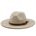 Classic beige wide brim fedora hat with brown suede band and metal buckle for men and women - M(56-58cm) / Beige