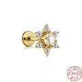 Macro shot of S925 sterling silver gold flower stud with pearl, zircon and hallmark - Gold Single #11 (Flower Artificial Pearl & Zirconia)