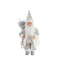 Standing Santa Claus doll in silver and white embroidery outfit with gift bag and bell - Silver Bell Santa Claus
