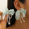 Romantic light blue tulle bow earrings with long crystal and pearl beaded tassels - Light Blue Organza Tassel Style (1488)