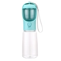 Portable pet water bottle in cyan blue featuring wide drinking trough and hanging strap - With Lock-550ml Water + 100g Food / Blue