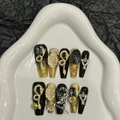 Luxurious handmade long coffin press-on nails with black gold cat-eye and snake patterns - L / Black Gold Snake Extra Long Coffin Style (2560)