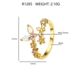 Detail view of brass gold ring with colorful AAA zircon butterfly and flower design - Adjustable Open / 18k White+Pink+AB Color