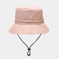 Detailed view of pink waterproof sun hat featuring adjustable black and white chin strap - Pink