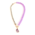 Asymmetrische ketting met paarse kralen, strassteentjes, T-sluiting en ruwe steen hanger - Paars