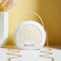 Mini borsa rotonda in pelle bianca con motivo floreale giallo e tracolla a catena - Bianco