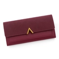 Elegant burgundy long PU leather wallet for women with golden V-shaped metal buckle - Red