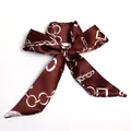 Brown silk-like skinny scarf with vintage gold chain print tied in a bow knot - S57-Brown Vintage Chain