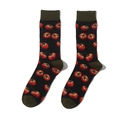 Detailed top view of black cotton mid-calf socks with red tomato patterns and green accents - One Size / A782-Tomato Black