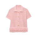Detail of pink knit cardigan showing hollow crochet pattern and fringed hemline - S / Pink Top