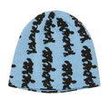 Close-up of blue knit beanie with black jacquard lettering and textured stitching - M (56-58cm) / Blue