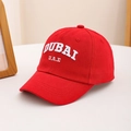 Detailed close-up of red baseball cap with white DUBAI and UAE high-density embroidery - 54cm (3-8 Years) / Red
