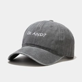 Close-up of vintage washed grey cotton baseball cap with white OK AND embroidery detail - Adjustable / Gray