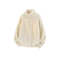 Men's off-white chunky knit henley sweater with high neck and buttoned placket detail - M / Apricot