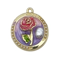 French retro enamel flower charm with red rose and white pearl in purple round frame - Pink Purple Gold-Sprinkled Rose-22097