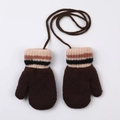 Dark brown knit baby mittens with color-block striped cuffs and neck string - 1-3 Years / Striped Cuff Lanyard Style / Khaki
