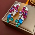 Vintage floral drop earrings featuring purple, blue, and green beads with rhinestones - Silver Tassel Style (57#)