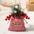 Red and white plaid Christmas gift bag with pine cones and Merry Christmas tag - Red and White Plaid (Small)