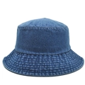 Close-up of deep blue denim bucket hat with multi-row stitching on brim and flat top design - Medium Blue & White