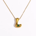 Detail of 18k gold plated bubble necklace with number 7 pendant and green heart stone - Letter L