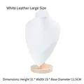 Large white leather necklace display stand with solid wood base for jewelry presentation - White Leather Large
