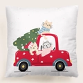 Funda de cojín navideña blanca con tres gatos animados, camión rojo y árbol festivo - Estilo 24-Coche de Navidad gatos / 45x45 cm