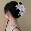 Elegant 3D lily flower hair claw clip in lavender and blue for sophisticated updos - 3# Claw Clip - Purple - Double Lily Style