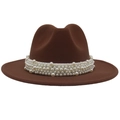 Close-up of pearl bead trim on a dark brown wide brim wool felt jazz fedora hat - Coffee (Large Pearl)