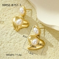 Detail view of heart-shaped pearl earrings in gold steel with precise size measurements - Pearl Embellished Heart Style (NMSE-B751-1)