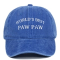 Detail of white embroidered World's Best Paw Paw text on blue washed cotton baseball cap - Sapphire Blue