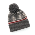 Détail du bonnet en maille Fair Isle gris avec rayures rouges et pompon en peluche - Chapeau / Gris foncé