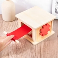 Montessori wooden drawer box toy featuring red fabric pulling strap and natural wood finish - Wooden Winding Toy